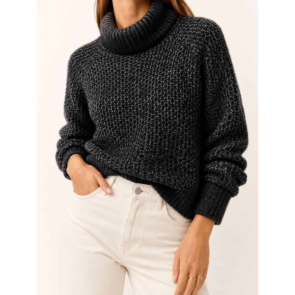 Zenana Chunky Knit Turtleneck Sweater L Black Marled Oversized Cozy Cottagecore